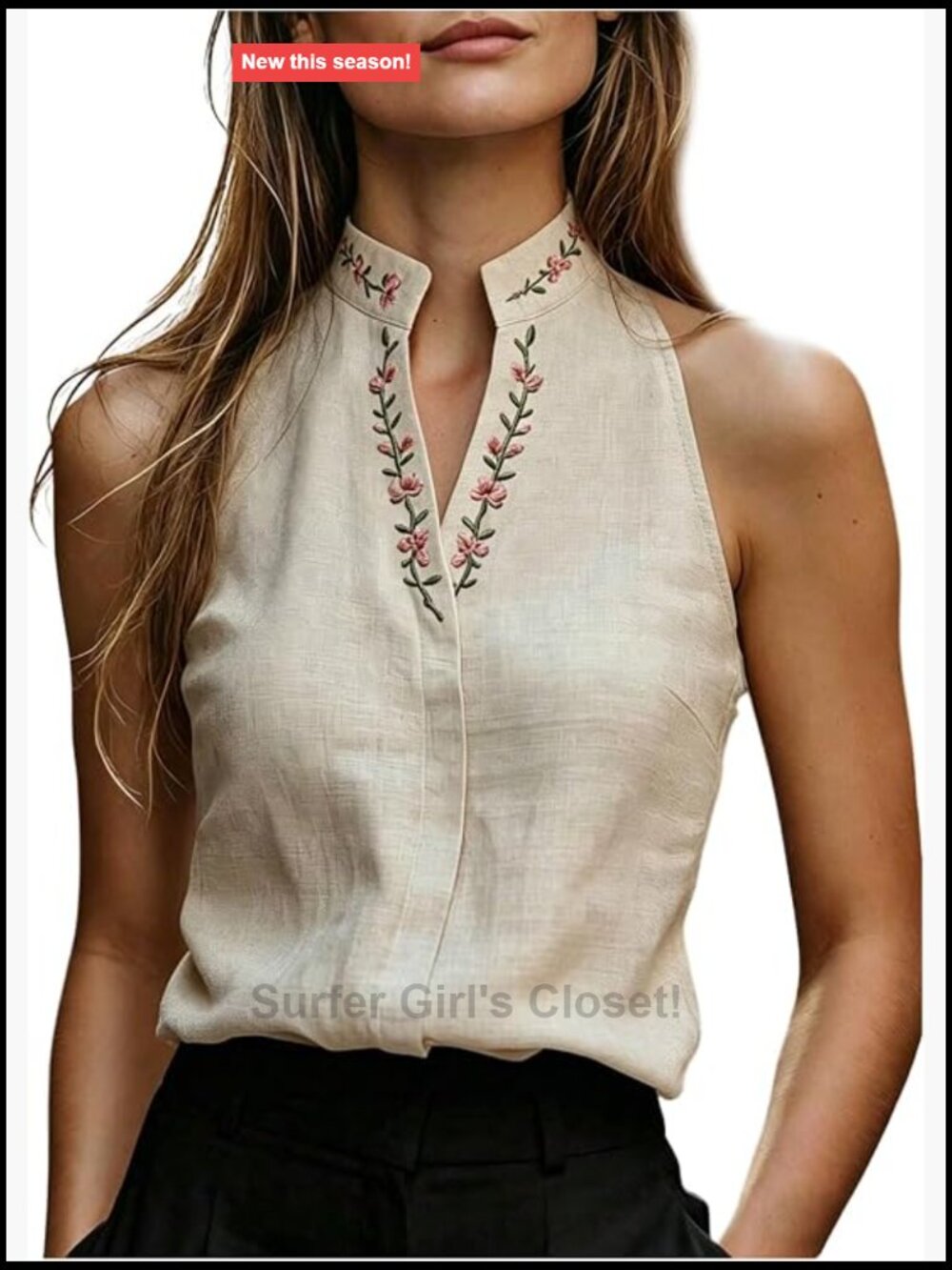 Women's Floral Embroidered Tank Top Mandarin Collar V Neck Sleeveless Dressy